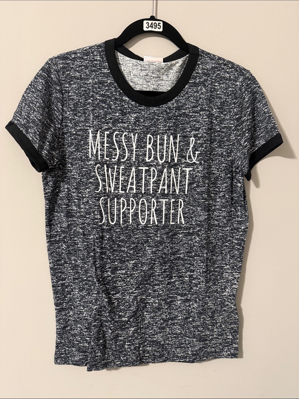 LuLaRoe Heathered Black Ringer Tee with White Script